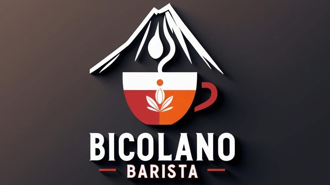 Logo of Bicolano Barista with a coffee cup and mountain design on a dark background